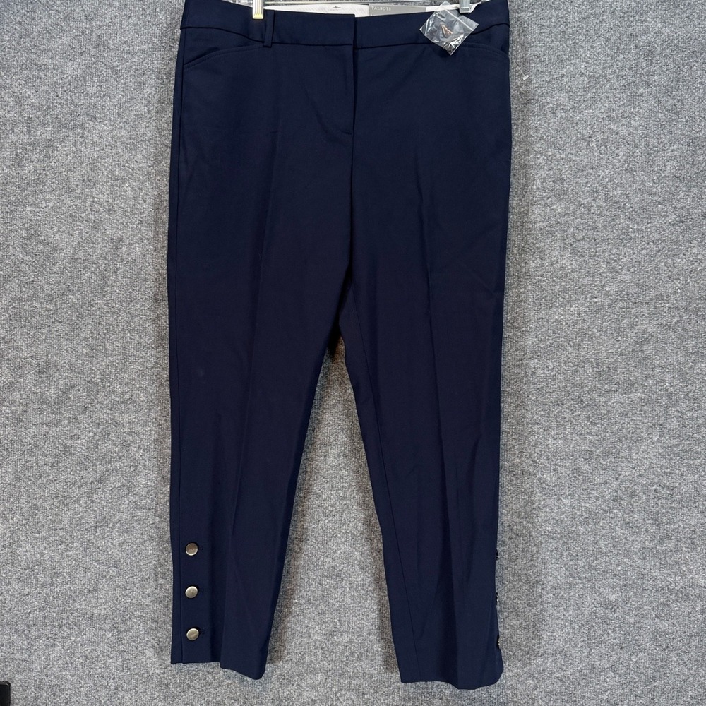 Talbots Hampshire Ankle Pants Women 16 Navy Blue Button Hem Straight Leg NEW